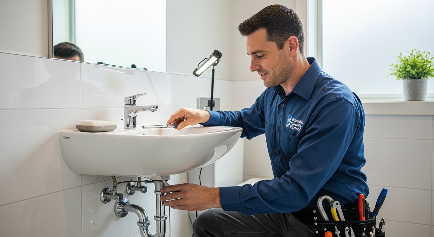 Professional plumber working on copper pipes under a kitchen sink in a York home