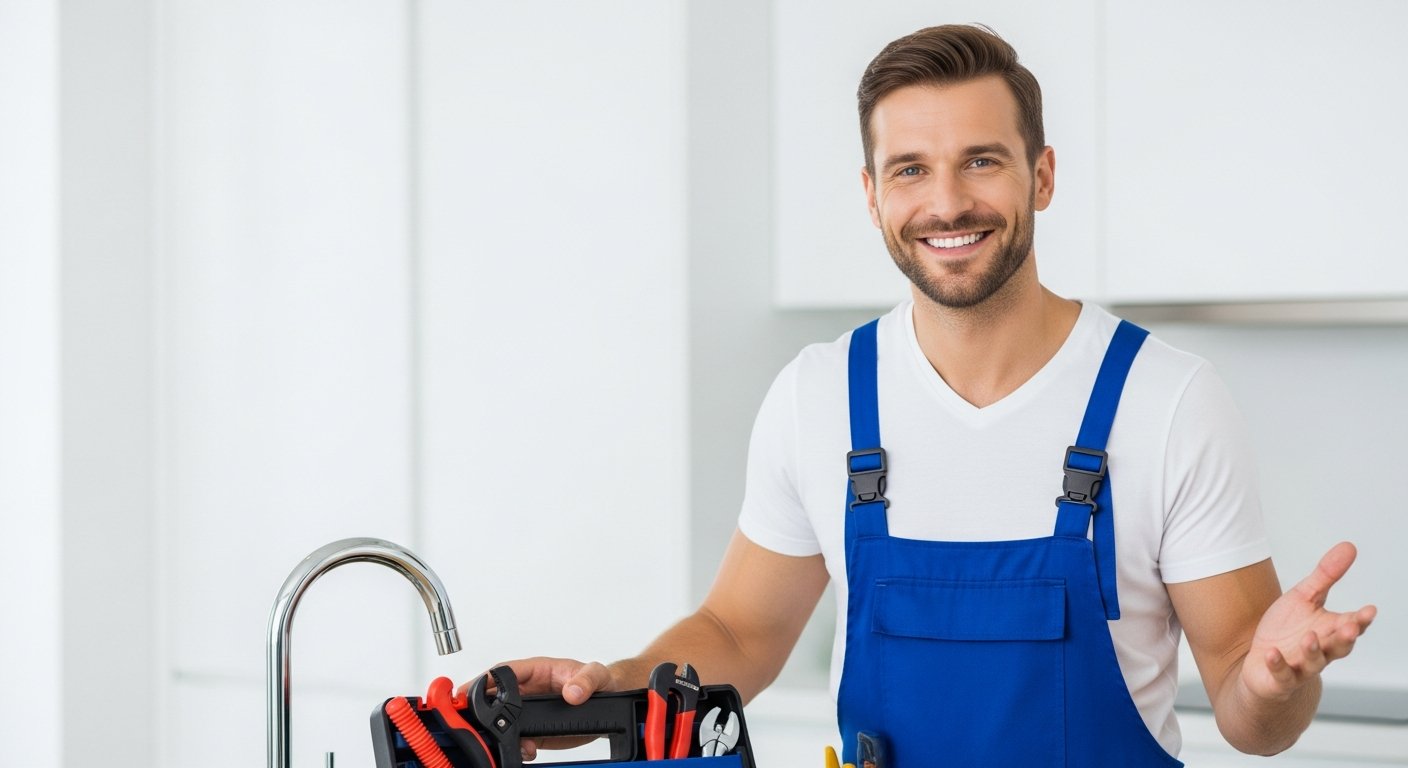 Friendly plumber greeting homeowner at the front door of a York terraced house