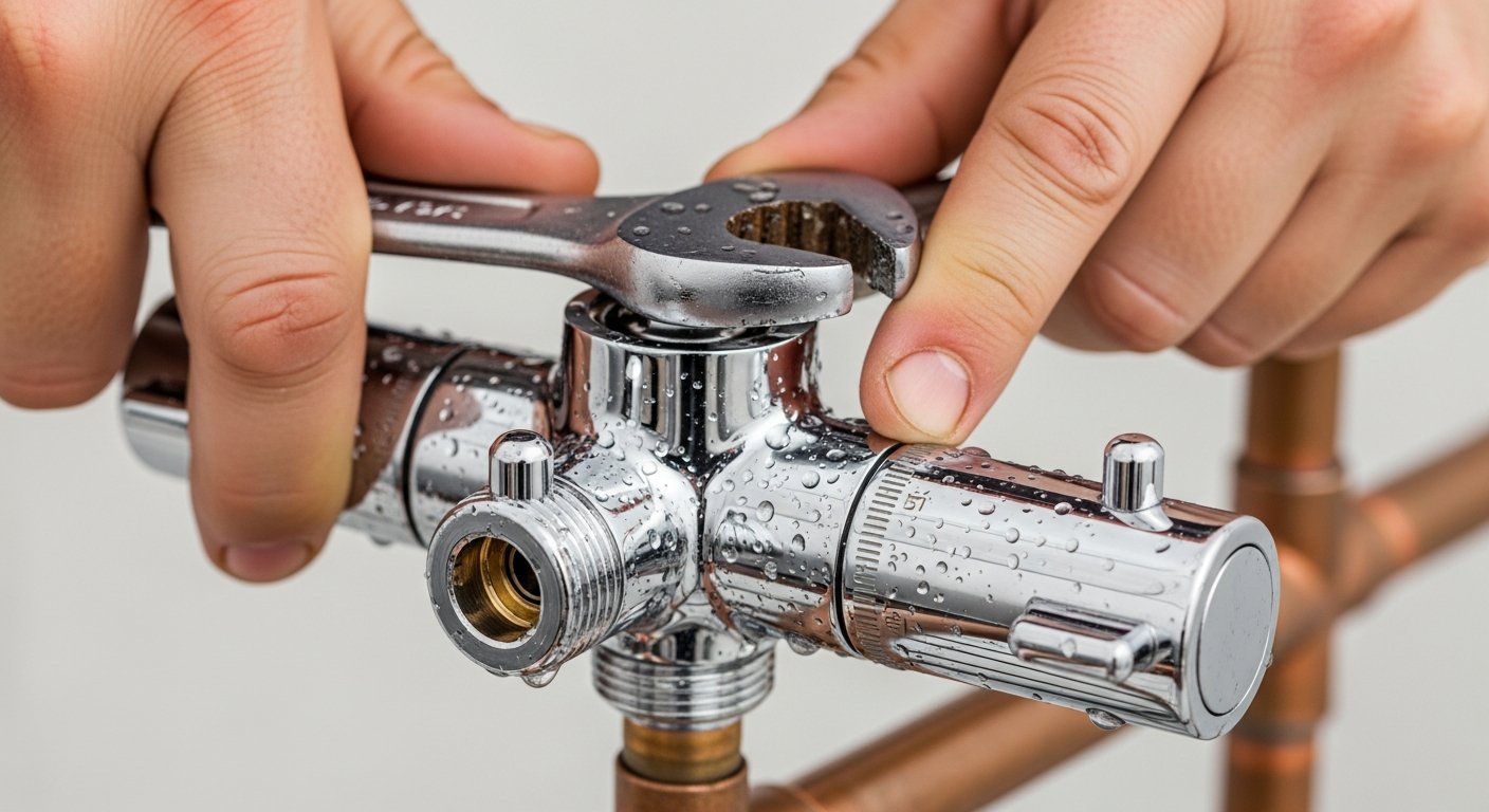 Plumber fitting chrome thermostatic shower valve on copper pipework in a York bathroom